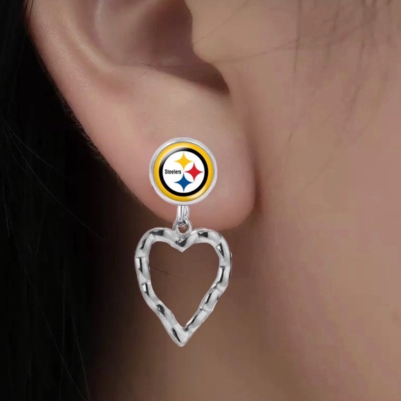 Pittsburgh Steelers Inspired Earrings Stainless Steel Dangle Heart - Picture 2 of 2